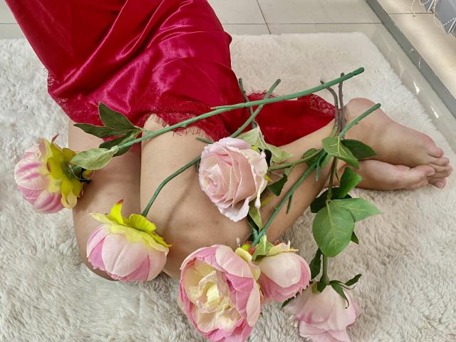 As pernas de AmeliaMaiv, os pés descalços e as rosas cor-de-rosa sobre um tapete branco, vestindo um vestido de cetim vermelho com bordas de renda, hastes verdes e uma luz suave..