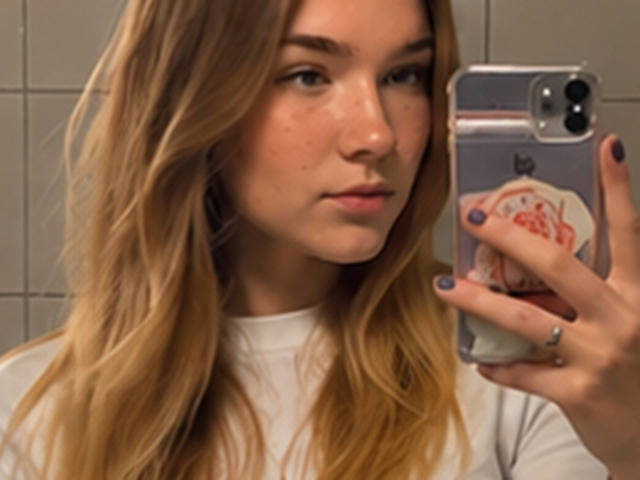 Norah Habrock mit langen blonden Haaren, weißem Hemd, die ein Handy mit einem roten und weißen Aufkleber hält, blickt in einen Spiegel, trägt blauen Nagellack, dezentes Make-up, hat ein leichtes Lächeln, graue Fliesenwand..