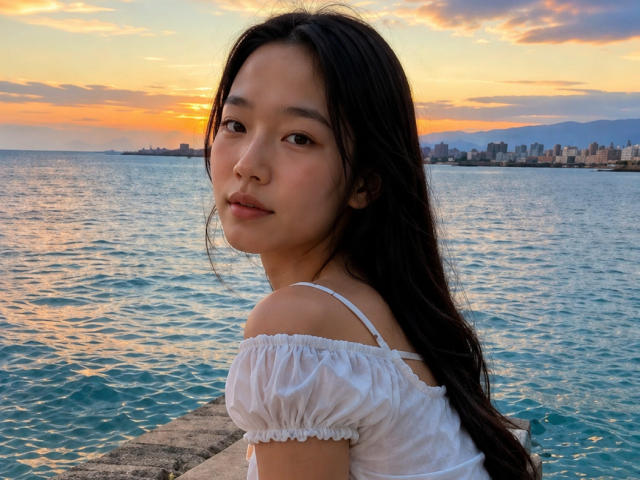 SamanthaTango with long black hair, white off-shoulder top, and cute face, standing by the water, looking back with a slight smile, sunset in the background.