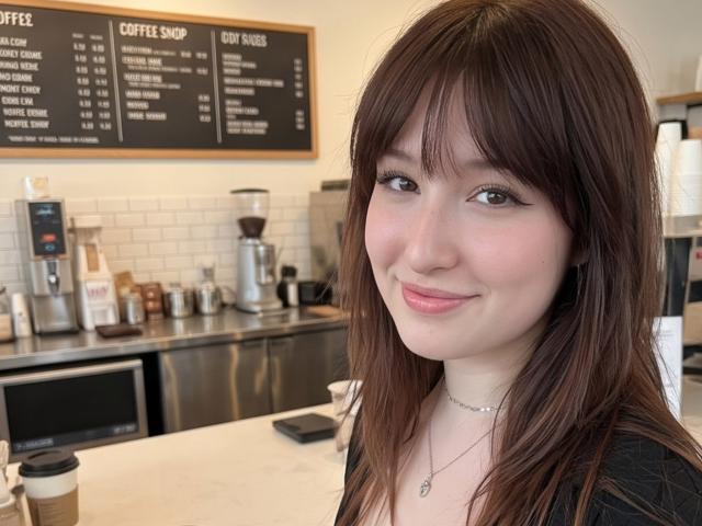 Trisha Ridderhoff tiene cabello castaño, flequillo, piel clara y una ligera sonrisa. Lleva una blusa negra, un collar y tiene senos pequeños. Está en una cafetería..