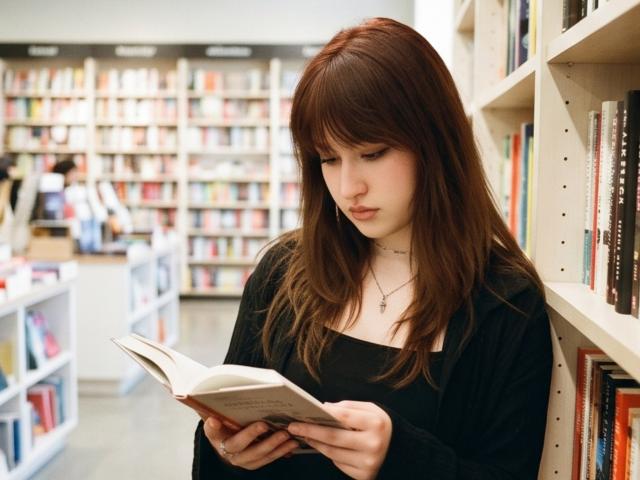Trisha Ridderhoff ha i capelli castani, indossa una maglietta nera, sta leggendo un libro in una biblioteca, in piedi vicino a scaffali bianchi pieni di libri colorati, concentrata sul libro aperto..