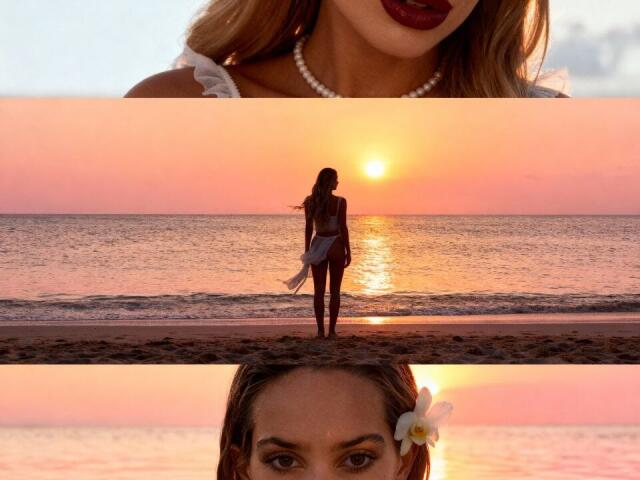 ElzaKomx in a white dress with pearl necklace, standing on beach at sunset, back to camera, sun reflecting on water, top and bottom close-ups of her face with flower.