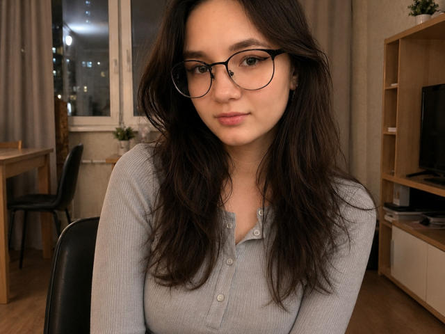 OdeliaHolen with long dark brown hair, wearing glasses and a gray ribbed button-up, sitting in a chair, looking at the camera with a slight smile, in a cozy room.