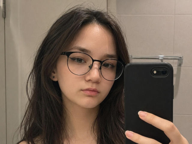 OdeliaHolen with long brown hair, glasses, and a serious face, holding a black phone in a bathroom selfie. Her small nose and subtle lips are visible.
