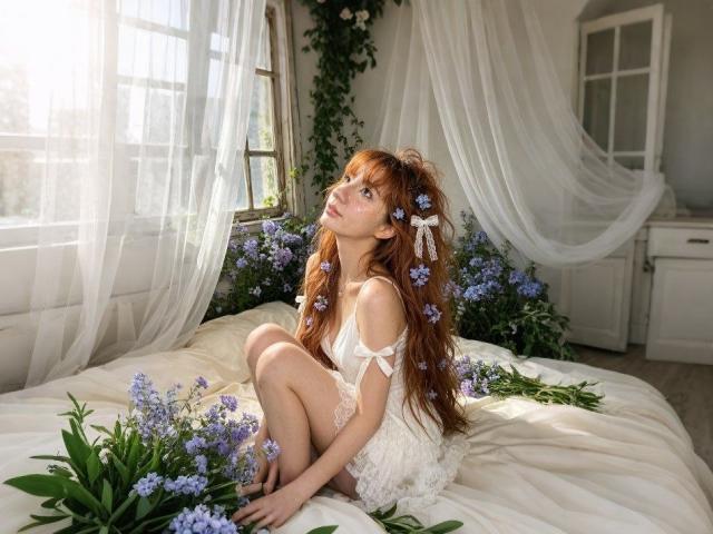 HalleyBabiracki with long red hair, wearing a white lace dress, sitting on a bed covered in purple flowers, looking up, with flowers in her hair and on the bed.