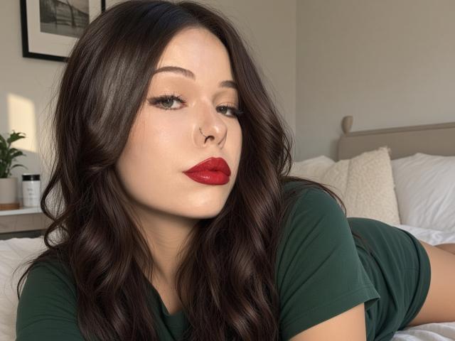 LelisSalvant with dark wavy hair, red lipstick, green eyes, and green shirt, lying on a bed, pouty face, soft light, white pillows, slight nose ring, looking at camera.