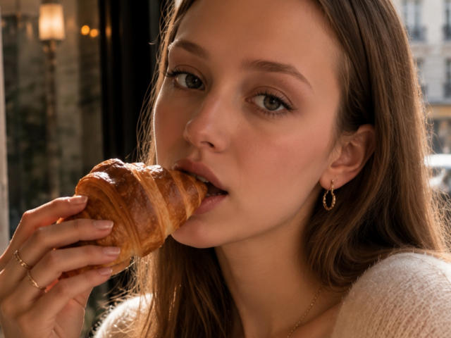 MinhMajic con un croissant friabile in bocca, occhi castani rivolti in avanti, lunghi capelli castani, che indossa orecchini dorati, un morbido maglione bianco, con la luce del sole sul viso..