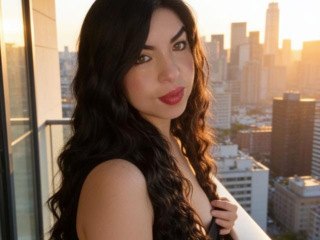 AlessiaLuxe with long, wavy black hair and red lipstick, holding her tits, standing on a balcony at sunset, city skyline in the background.