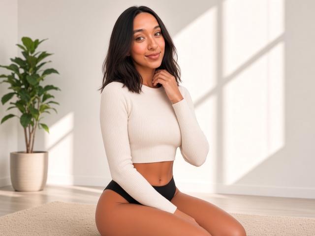 WhitneyPace with dark brown hair, wearing a white crop top and black panties, sitting on a rug, smiling, touching her neck, showcasing her tits and ass.