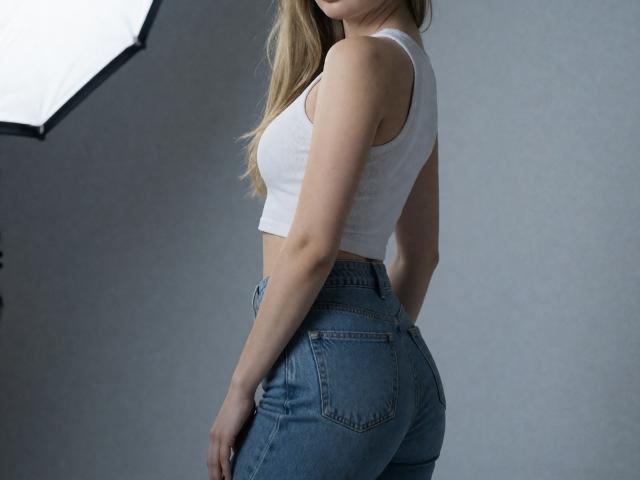 Destinis has a white crop top, showing her tits, and wears high-waisted blue jeans, highlighting her ass. She has long blonde hair and a slim, sexy build.