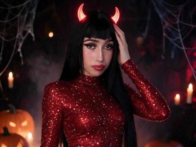Boorbuja with long black hair, red glittery dress, and red devil horns, touching her head, standing in front of glowing candles and pumpkins. Boobs covered by dress.