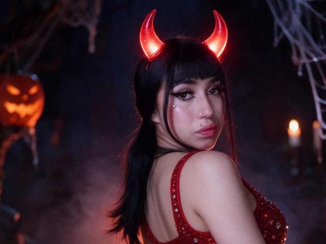 Boorbuja with glowing red devil horns, black hair, and sparkly red dress, looking back with sultry eyes, has nose ring and dark makeup, showing off her ass.