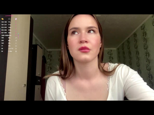 GenevieBidgood with brown hair, pink lipstick, and white top, looking up with a slightly pouty expression, showing her small tits under a lace bra. 