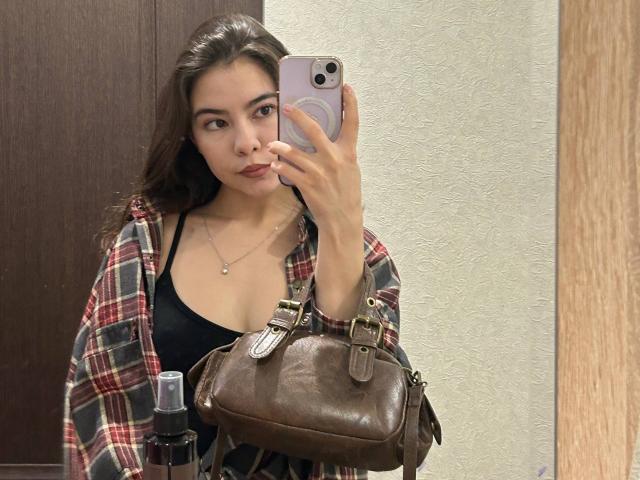 AnneKofron with brown hair, wearing a black tank top and plaid shirt, holding a brown leather purse and phone, mirror selfie, her tits visible under the top.