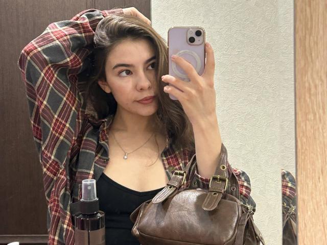 AnneKofron with brown hair, plaid shirt, black top, holding phone, brown leather bag, hand in hair, looking at mirror, lipstick, necklace, and perfume bottle in bathroom.