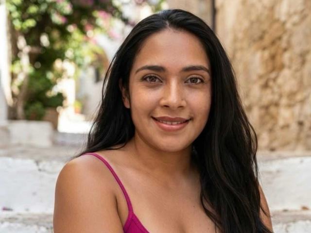 VickyRousse a de longs cheveux noirs, des yeux marrons et un joli sourire. Elle porte un haut rose à bretelles fines, qui met en valeur ses petites seins fermes. Elle se tient debout à l'extérieur, au soleil..
