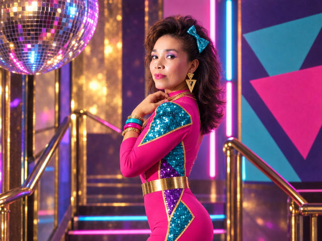 MiaLucchi with curly brown hair, pink and teal sequined dress, gold belt, blue bow, gold earrings, and pink lipstick, standing on stairs, looking over shoulder, holding chin.