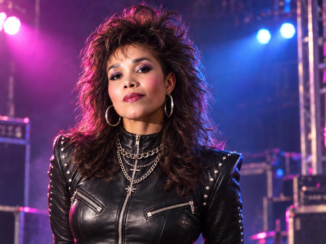 MiaLucchi with wild dark hair, black leather jacket, silver cross necklace, hoop earrings, and pink lipstick, looking confident and sexy under purple and blue stage lights.