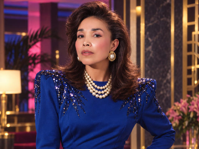 MiaLucchi, Asian woman with wavy brown hair, blue dress with sequined shoulders, pearl necklace, and gold earrings, looking confident with a slight smile, soft pink blush on cheeks.