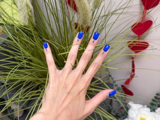La mano di MoonLiza, con le unghie blu e piccoli tatuaggi, le dita distese, è davanti a un prato verde e decorazioni a forma di cuore rossi. Le sue unghie sono lucide e la sua pelle è chiara..