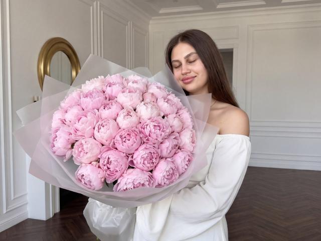 AngelicaSavarew holding a big bouquet of pink peonies with her bare shoulders and white off-shoulder top, smiling softly, brown hair, white walls, dark wooden floor.
