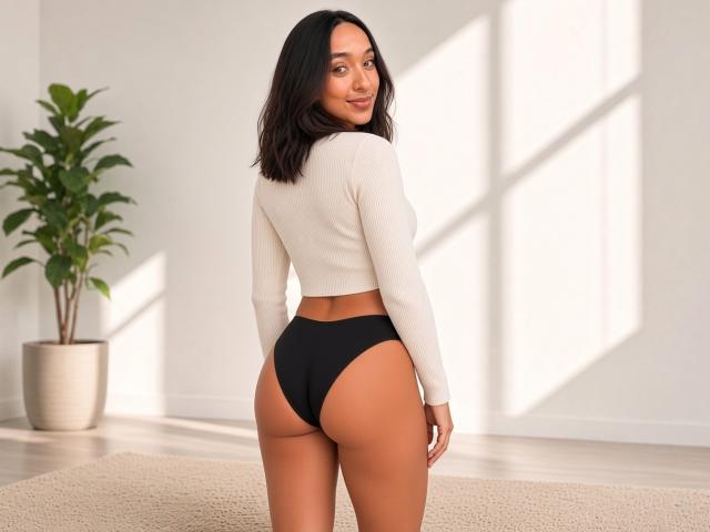 WhitneyPace with dark hair, smiling, wearing a white long-sleeve top and black thong, showing her ass, standing in a sunlit room with a potted plant.