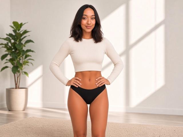 Whitney Pace, con cabello oscuro, piel bronceada, pechos pequeños, glúteos planos, vestida con una camiseta blanca de manga larga y ropa interior negra, de pie en una habitación iluminada por el sol con una planta en maceta..