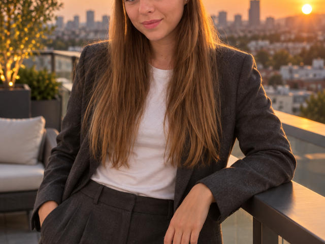RhonaBells, con lunghi capelli castani, indossa un blazer grigio e una gonna nera, una maglietta bianca, con le mani nelle tasche, seduta su un tetto, al tramonto, con la skyline della città sullo sfondo, sorride dolcemente, con un'espressione rilassata..