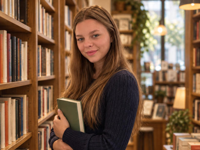 RhonaBells with long brown hair, blue sweater, holding green book, standing in book-filled library, smiling softly, showing cute face and small tits.