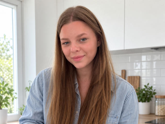 RhonaBells with long brown hair, blue eyes, and light skin, wearing a denim shirt, smiling softly in a bright kitchen. Her tits are small and her pussy is not visible.