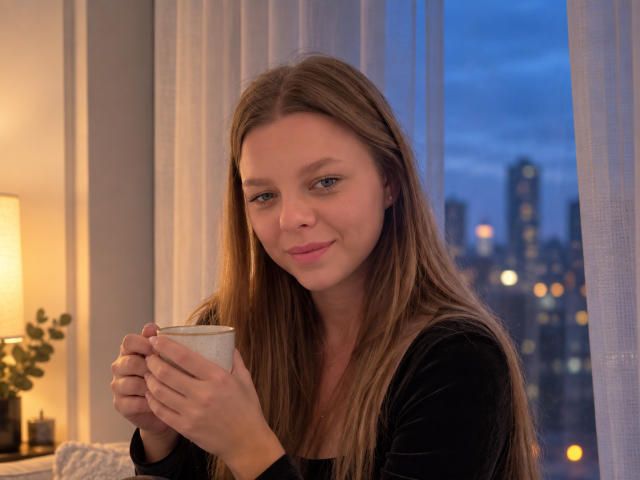 RhonaBells with long brown hair, blue eyes, and a slight smile, holding a white cup, wearing a black velvet shirt, in a dimly lit room at night.