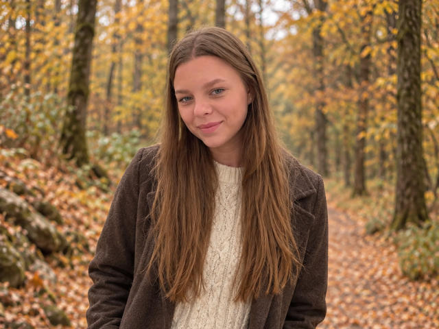 RhonaBells has long brown hair, blue eyes, and a slight smile. She's wearing a dark brown coat over a white knitted sweater, standing in a forest with yellow leaves.