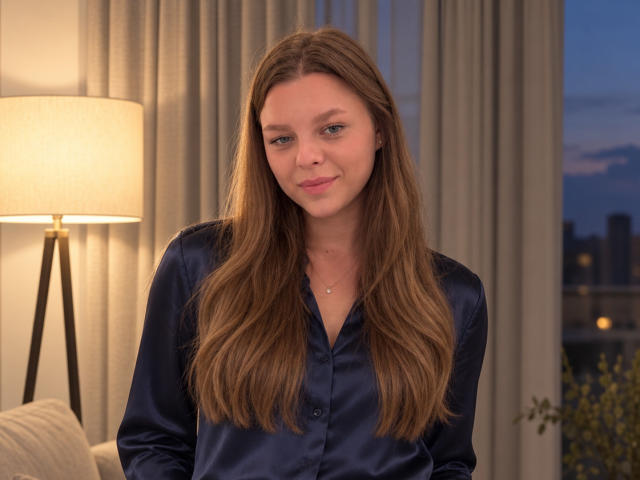 RhonaBells with long brown hair in a navy satin shirt, smiling softly, standing in front of a lit lamp, blue evening sky visible through the window.