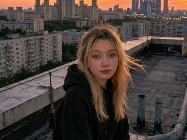 Elinor Hamner, con i capelli biondi e che indossa una felpa nera, ha un'espressione neutra, è in piedi su un tetto, con il tramonto sullo sfondo, e si può vedere lo skyline della città, guardando leggermente a sinistra..