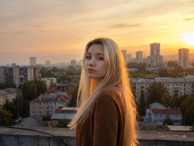 ElinorHamner with long blonde hair, brown sweater, standing on rooftop, sunset in background, city skyline, orange sky, looking over shoulder, soft light, slight pout, calm expression.
