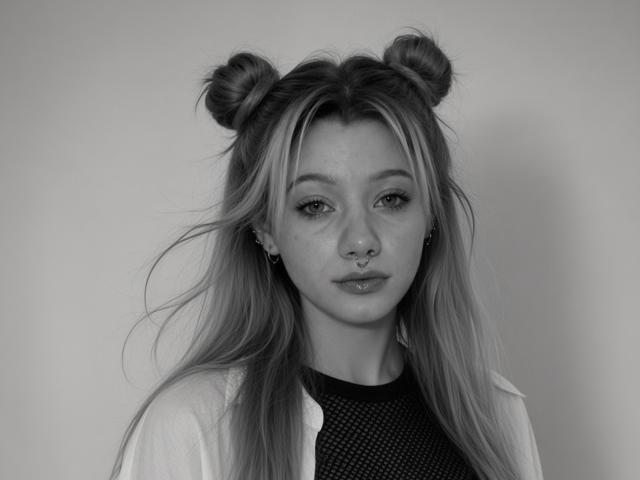 ElinorHamner has double buns in her hair, a nose ring, and a septum piercing, wearing a mesh top with a white shirt. Black and white photo.