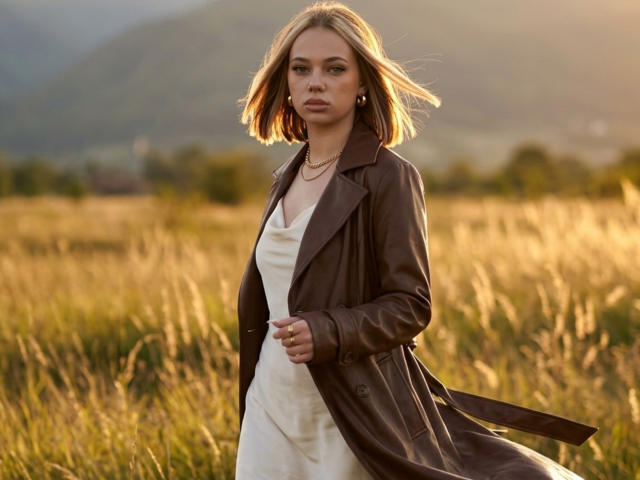 Karyn Mcneece, con cabello rubio, vestida con un abrigo de cuero marrón sobre un vestido blanco, de pie en un campo de hierba dorada, con montañas al fondo, y una expresión seria..