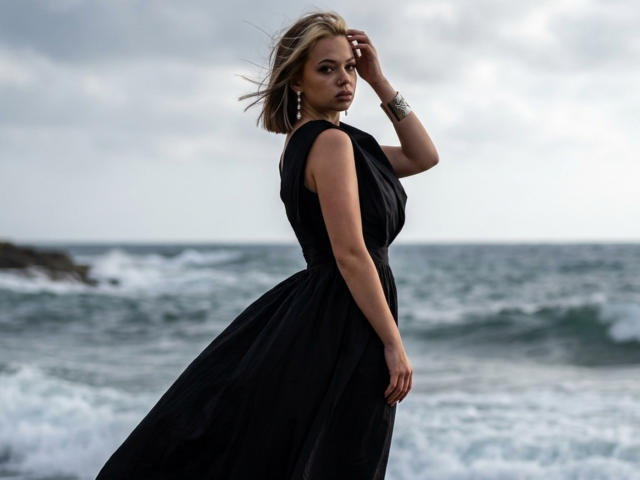 KarynMcneece se tient debout, vêtue d'une robe noire, avec l'océan en arrière-plan, ses cheveux blonds sont emportés par le vent, elle a une main dans ses cheveux, elle porte un bracelet en argent, elle a une expression sérieuse, elle a une forte poitrine, sa robe flotte, le ciel est nuageux, la mer est calme..