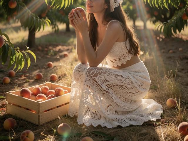Euphoria, con el pelo largo y castaño, una blusa de encaje blanco y una falda, está arrodillada, sosteniendo una manzana, rodeada de melocotones, en un huerto iluminado por el sol, al lado de una cesta de madera..