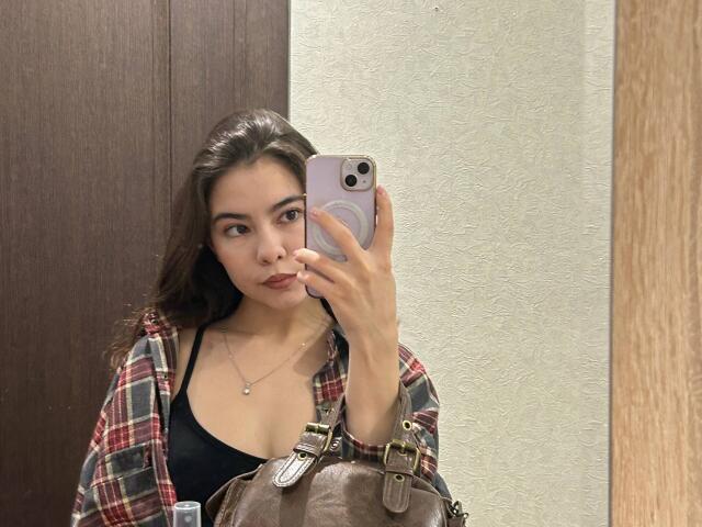 AnneKofron with long brown hair, holding a phone, wearing a red plaid shirt over a black bra, and a brown handbag, taking a mirror selfie in a bathroom.