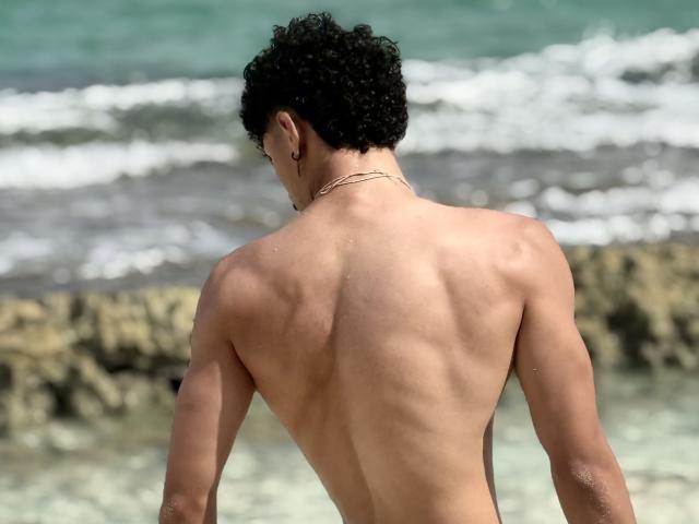 As costas nuas de LukeeTaylor, musculares e bronzeadas, com cabelos pretos encaracolados, usando um colar fino, em pé perto do oceano, com ondas ao fundo. As nádegas de LukeeTaylor não estão visíveis..