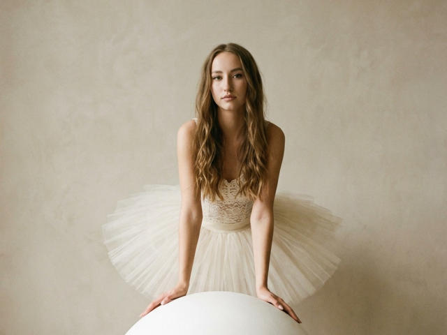 DaciaSchonhardt with long wavy brown hair, wearing a white lace bodice and fluffy tutu, leaning forward with hands on a white ball, looking slightly to the side.