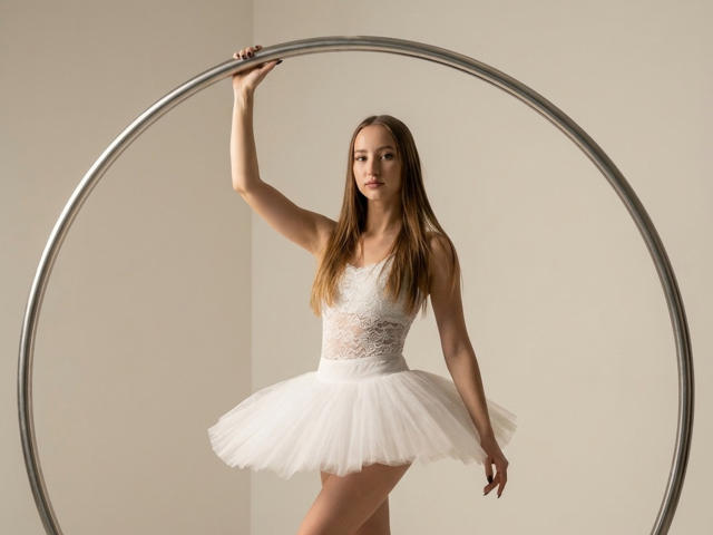 DaciaSchonhardt with long brown hair, wearing a white lace bodice and tulle skirt, holding a metal ring, standing with one hand up, showing her tits and ass.