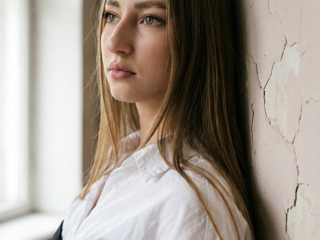 DaciaSchonhardt with long brown hair, green eyes, and pink lips, wearing a white shirt, standing against a cracked wall, looking to the side with a serious expression.