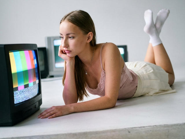 DaciaSchonhardt, laying on her stomach, wearing a pink lace tank top and white skirt, looking at a TV with colorful bars, white socks, brown hair, and a thoughtful expression.