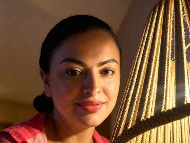 CharlotteDevereaux with dark hair in a bun, brown eyes, and pink lips, wearing a red shirt, standing next to a woven lamp with golden strands, smiling softly.