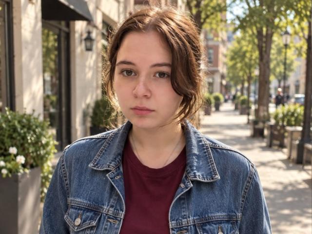 HoaGunby a les cheveux courts et bruns, les yeux verts, et une expression sérieuse. Elle porte une veste en jean par-dessus une chemise rouge, et se tient sur un trottoir baigné de soleil..