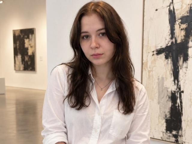 HoaGunby has brown wavy hair, a white button-up shirt, and a neutral expression. She's in an art gallery with abstract paintings in the background.