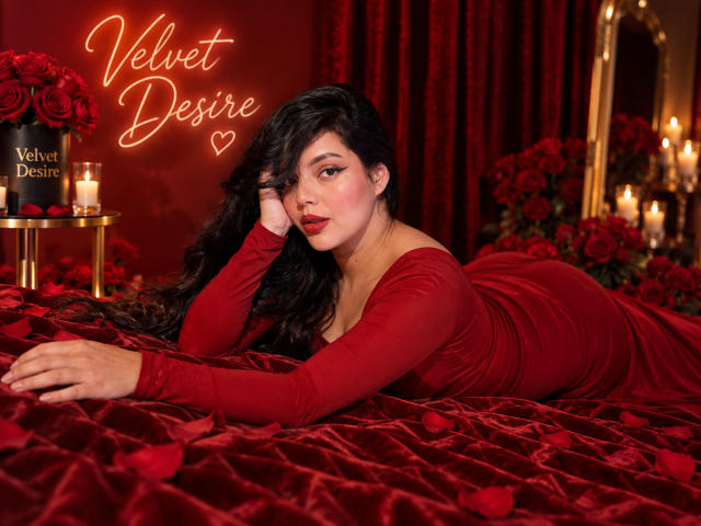 Violetta Rouse, liggend op rode fluweel, gekleed in een rode jurk, met zwart golvend haar, rode lippenstift, een verleidelijke blik, kaarsen, rozen en een neonbord met de tekst "Velvet Desire" op de achtergrond..