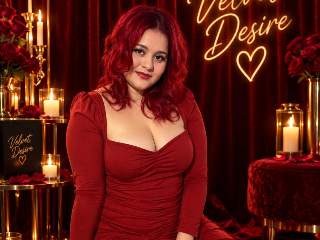 RosalieVittoria with red curly hair, wearing a red dress, showing her big tits, sitting in a warm, candlelit setting with roses and a neon heart sign.